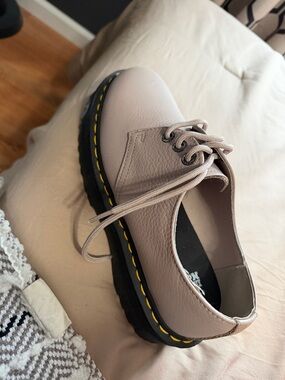 Dr. Martens Women's Lace-Up Platform Shoe in Taupe with Yellow Stitching